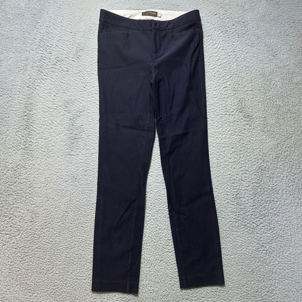 Crosby Fly Front Trousers Women's 2 Navy Stretch Career Work‎ Pants